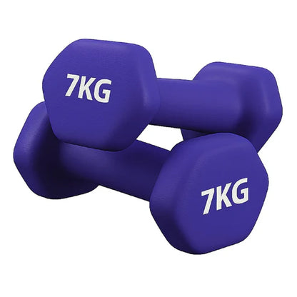 Pair of purple dumbbells with '7KG' marking on a white background