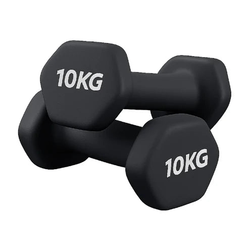 Pair of black 10KG dumbbells on a white background