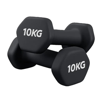 Pair of black 10KG dumbbells on a white background