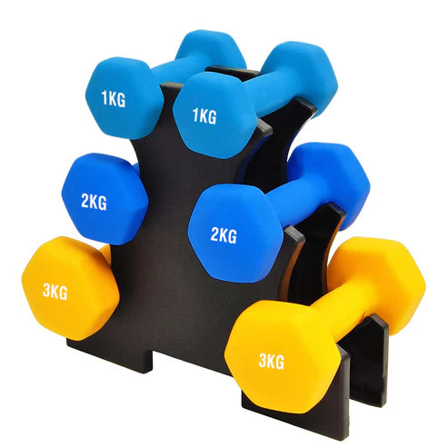 Set of blue and yellow dumbbells on a black stand with weight labels.