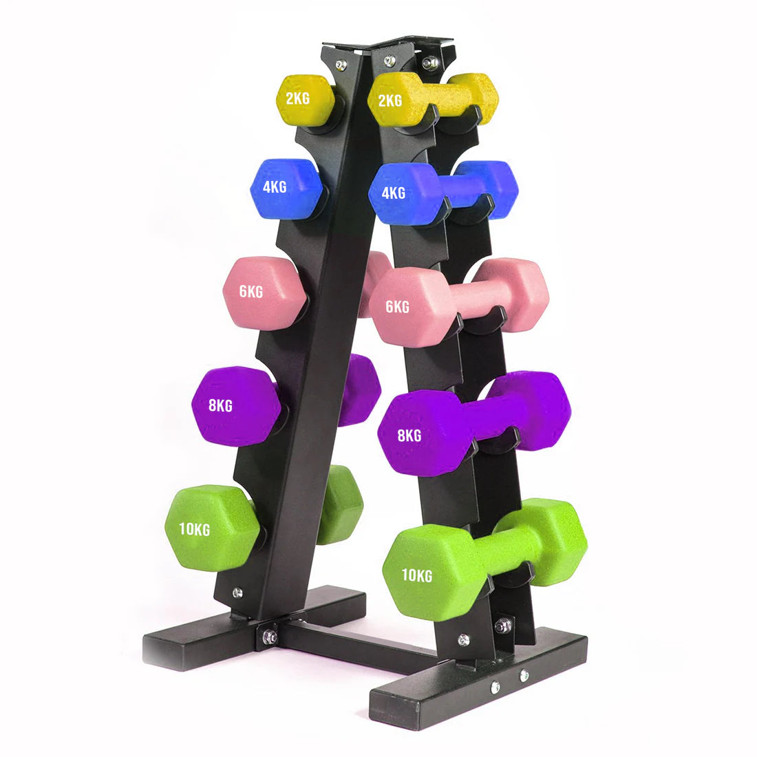 Colorful dumbbells on a black stand with white background