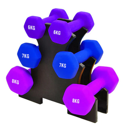 Set of purple and blue dumbbells with weight markings on a black stand.