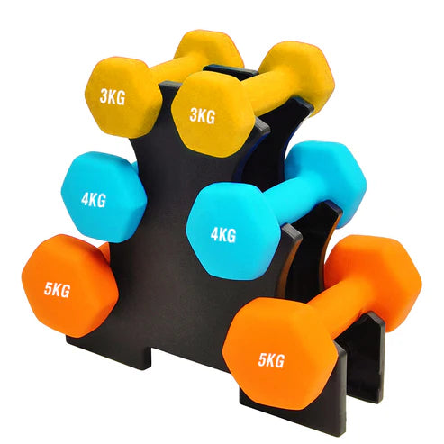 Set of colorful dumbbells with weight markings on a white background