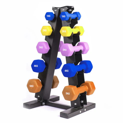 Dumbbell set with a black stand on a white background