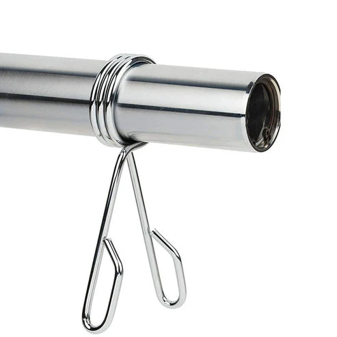 Metal curtain rod with a hook on a white background