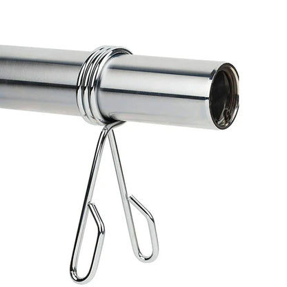 Metal curtain rod with a hook on a white background