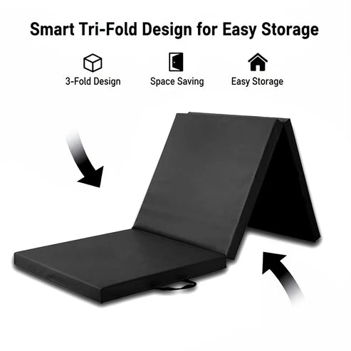 Black folding mat with text highlighting its tri-fold design, space-saving, and easy storage features on a white background.