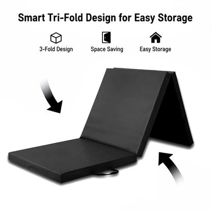 Black folding mat with text highlighting its tri-fold design, space-saving, and easy storage features on a white background.