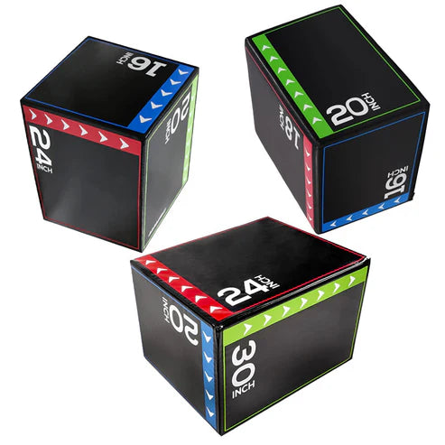Black exercise box with size markings on a white background