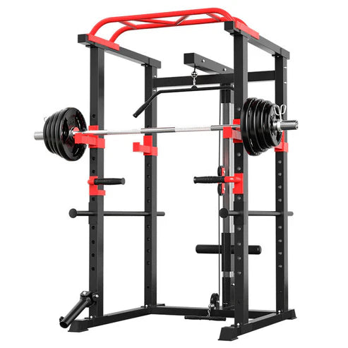 Black weightlifting power rack with red accents on a white background