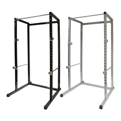 Black and silver power rack on a white background