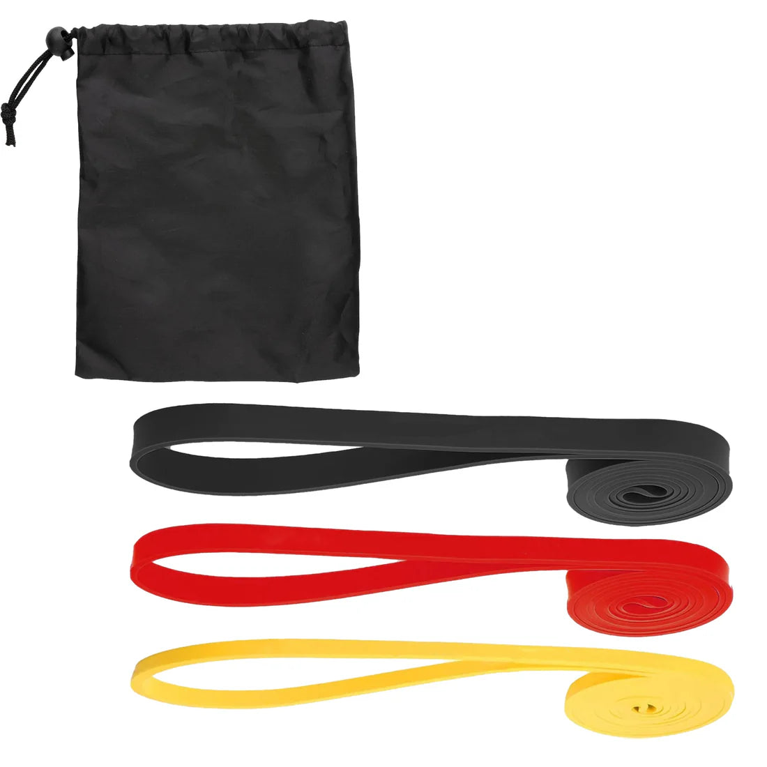 Black resistance band set with a drawstring bag on a white background