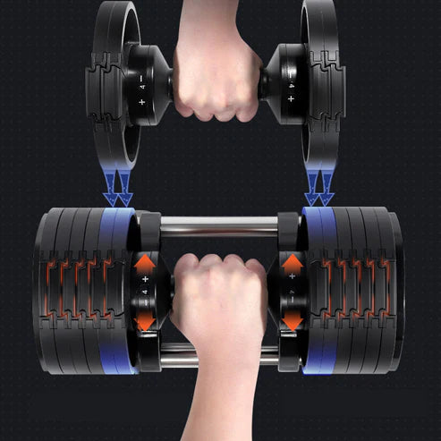 Two hands holding a pair of adjustable dumbbells against a black background