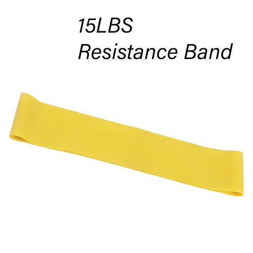 Yellow resistance band labeled '15LBS Resistance Band' on a white background