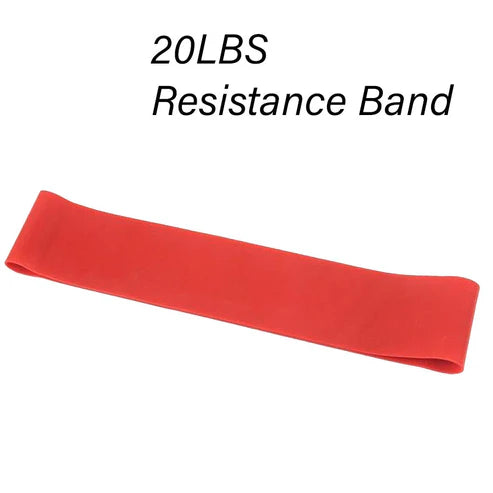 Red resistance band labeled '20LBS Resistance Band' on a white background