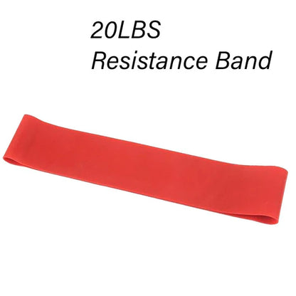 Red resistance band labeled '20LBS Resistance Band' on a white background
