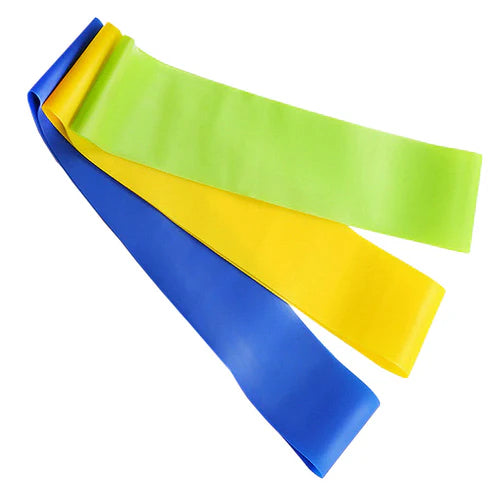 Three resistance bands in blue, yellow, and green on a white background