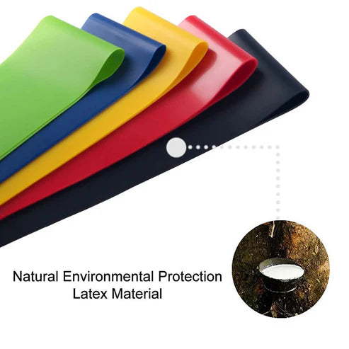 Five sheets of different colored latex material with a close-up of a natural rubber tree leaf.