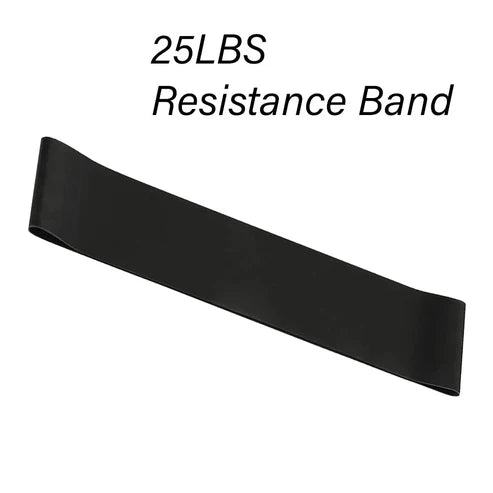 Black resistance band labeled '25LBS Resistance Band' on a white background