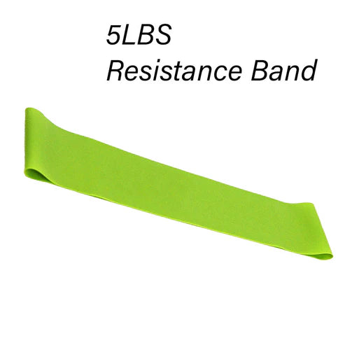 Green resistance band labeled '5LBS Resistance Band' on a white background
