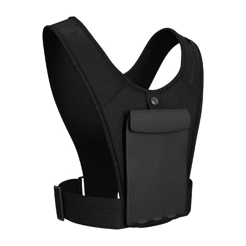 Black tactical vest with a pocket on a white background