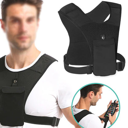 Black shoulder support brace with a man wearing it and using a smartphone.
