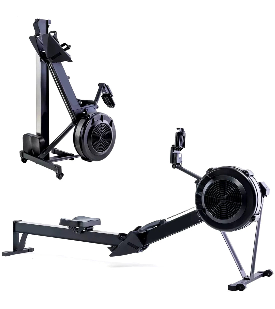 Two views of a black rowing machine on a white background