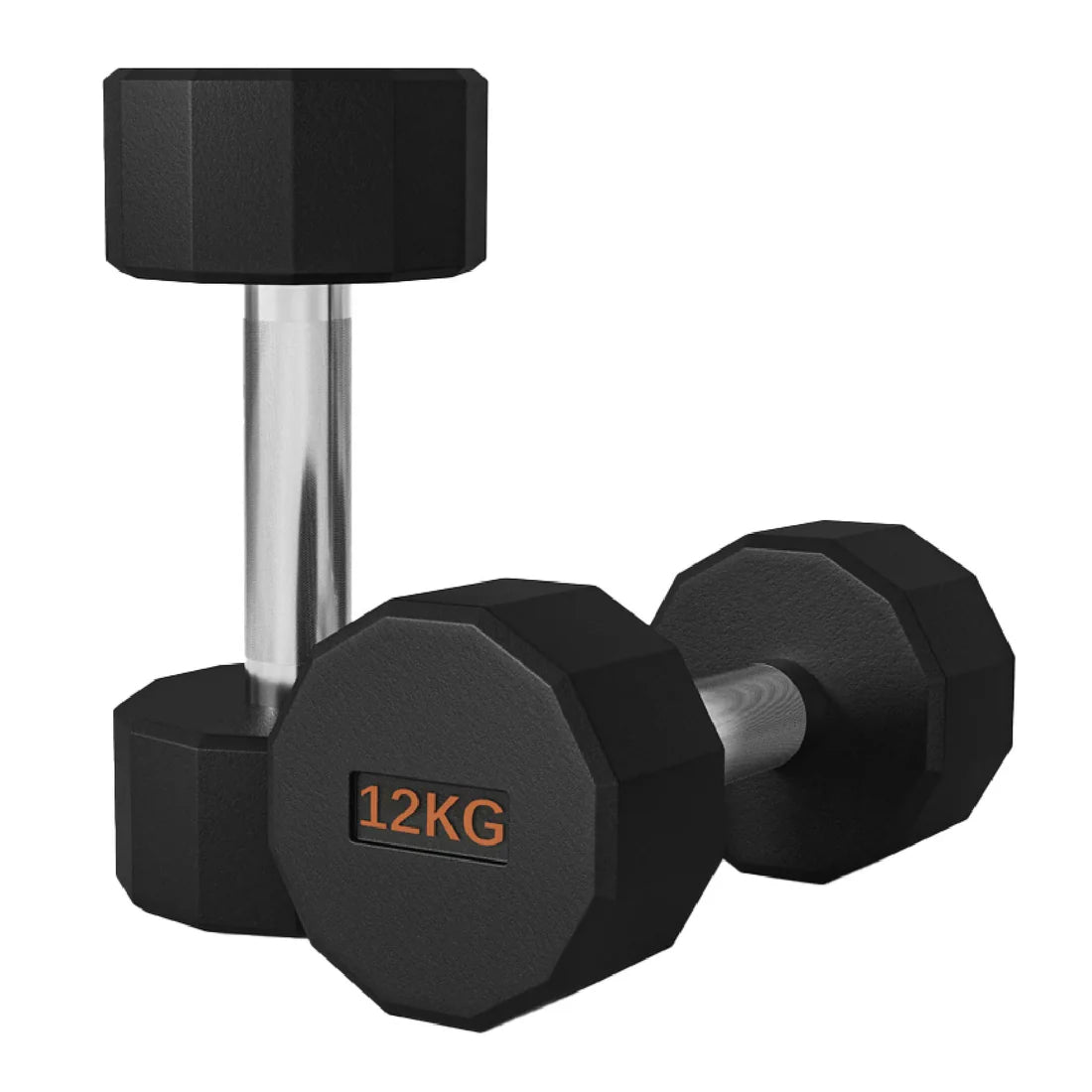 Pair of black hexagonal dumbbells with '12KG' marking on a white background