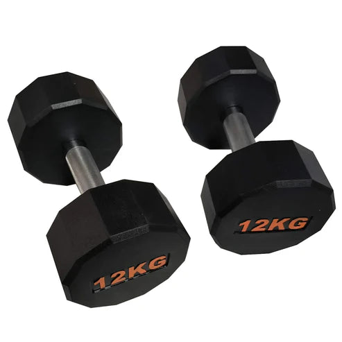 Pair of black dumbbells with '10KG' marking on a white background