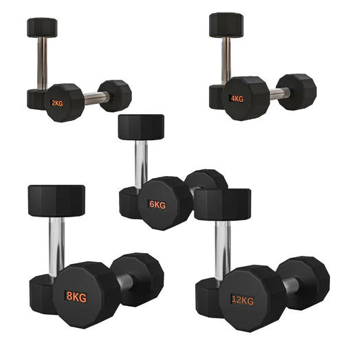 Set of black dumbbells with weight markings on a white background