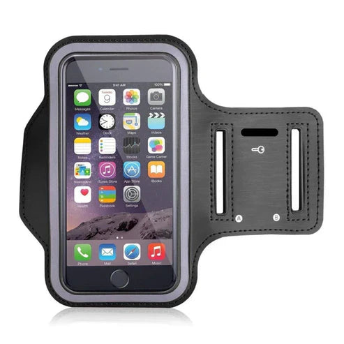 Black armband with smartphone displaying app icons on a white background