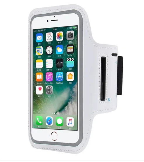 white phone armband with smartphone displaying app icons on a white background