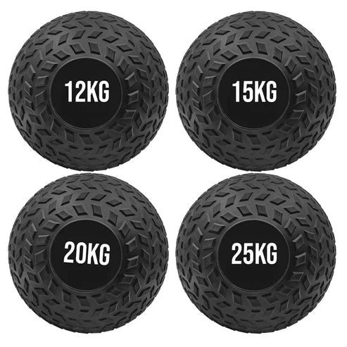 Four black weighted balls with labeled weights on a white background