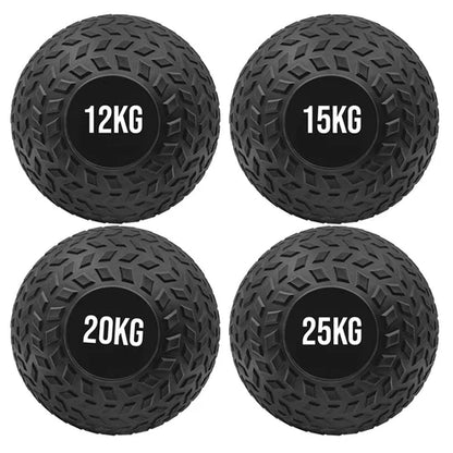 Four black weighted balls with labeled weights on a white background