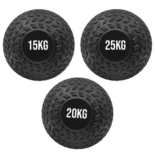 Three black textured exercise balls with weight labels on a white background