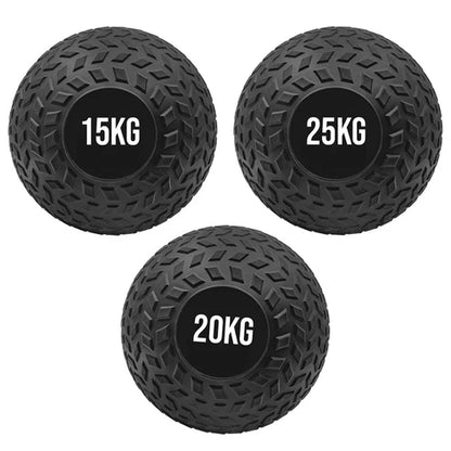 Three black textured exercise balls with weight labels on a white background