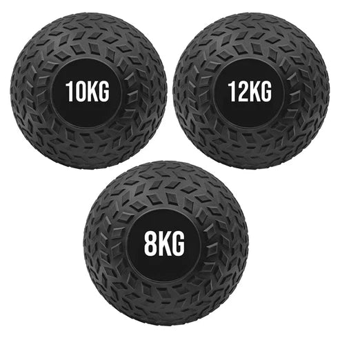 Three black textured exercise balls with weight labels on a white background