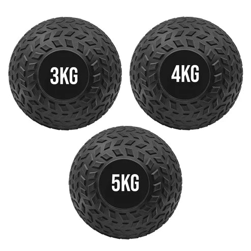 Three black textured exercise balls with weight labels on a white background