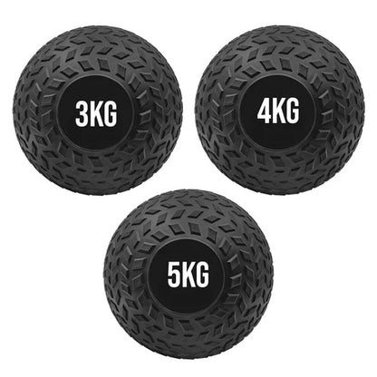 Three black textured exercise balls with weight labels on a white background