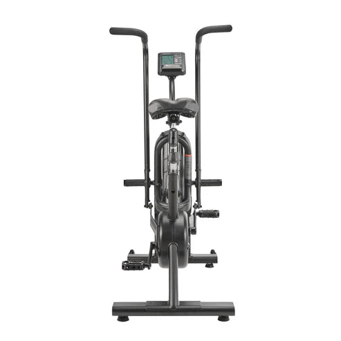 Black exercise bike with handlebars on a white background