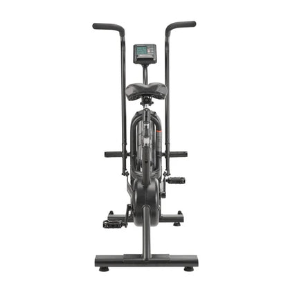 Black exercise bike with handlebars on a white background