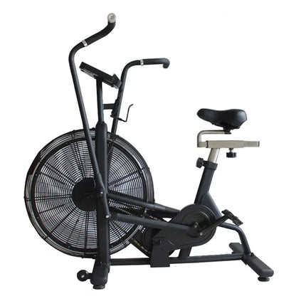 Black exercise bike with fan on a white background