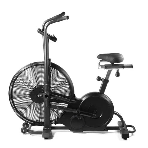 Black exercise bike on a white background