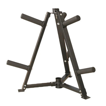 Black weight rack with multiple barbell holders on a white background