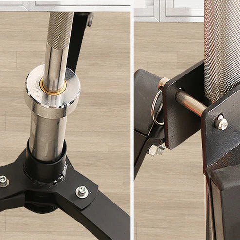 Close-up of a chair's metal support structure on a wooden floor.