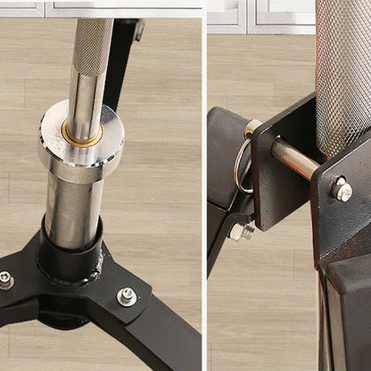 Close-up of a chair's metal support structure on a wooden floor.