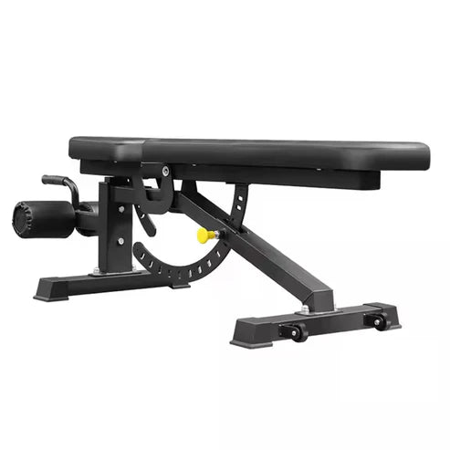 Black adjustable weight bench on a white background
