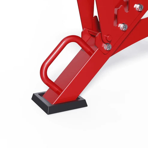 Red metal stand with a black base on a white background
