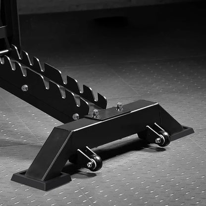 Black metal car jack stand on a textured gray surface