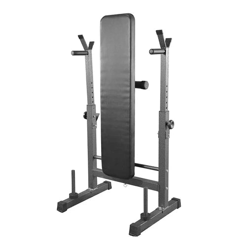 Gray weight lifting bench with adjustable backrest on a white background